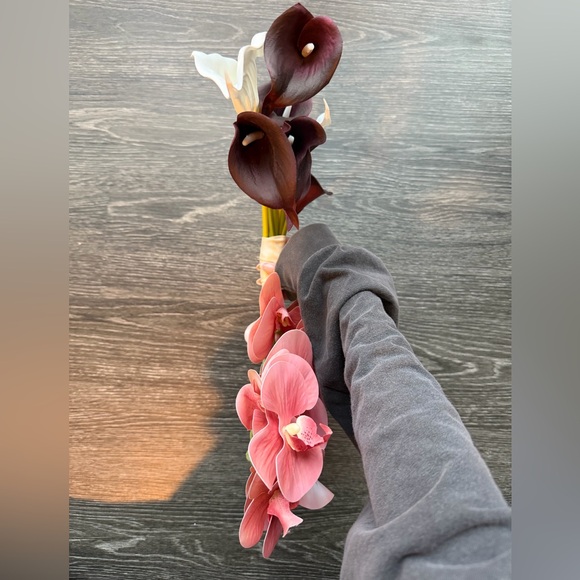 Curved Bridal Bouquet Pink Orchid and Purple Calla Lilies - Picture 10 of 10